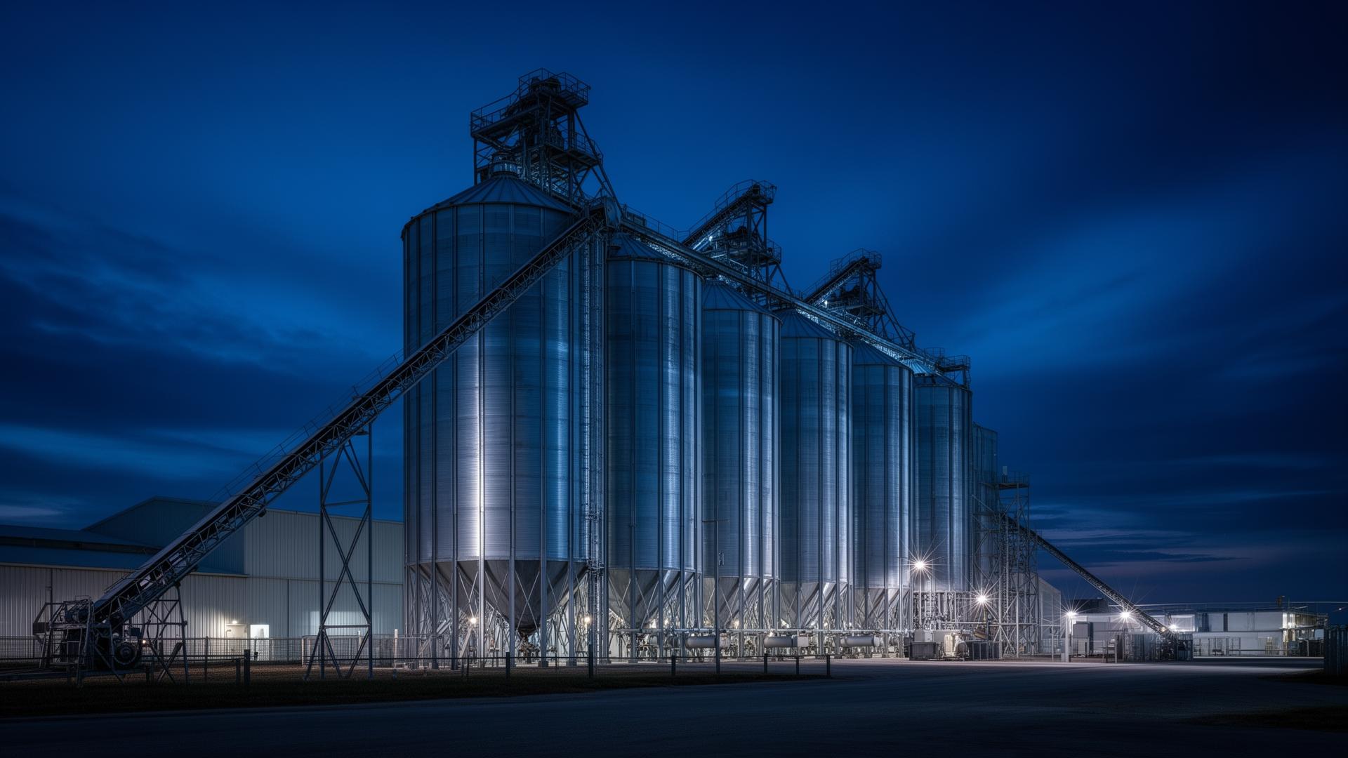 Modern feed mill facility at dusk